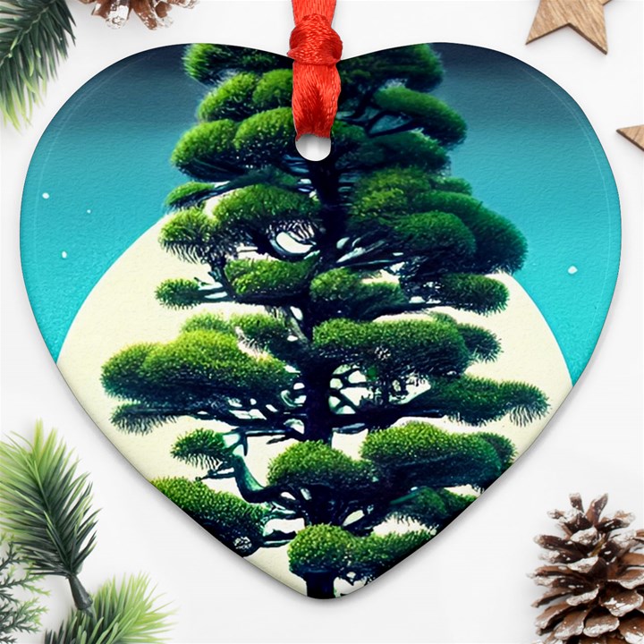 Pine Moon Tree Landscape Nature Scene Stars Setting Night Midnight Full Moon Ornament (Heart)