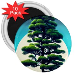 Pine Moon Tree Landscape Nature Scene Stars Setting Night Midnight Full Moon 3  Magnets (10 Pack)  by Posterlux