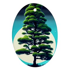 Pine Moon Tree Landscape Nature Scene Stars Setting Night Midnight Full Moon Oval Ornament (two Sides)