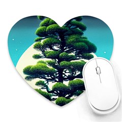 Pine Moon Tree Landscape Nature Scene Stars Setting Night Midnight Full Moon Heart Mousepad by Posterlux