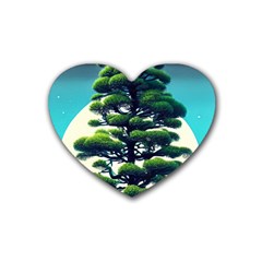 Pine Moon Tree Landscape Nature Scene Stars Setting Night Midnight Full Moon Rubber Heart Coaster (4 Pack) by Posterlux