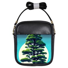 Pine Moon Tree Landscape Nature Scene Stars Setting Night Midnight Full Moon Girls Sling Bag by Posterlux