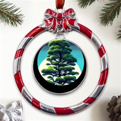 Pine Moon Tree Landscape Nature Scene Stars Setting Night Midnight Full Moon Metal Red Ribbon Round Ornament by Posterlux