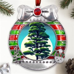 Pine Moon Tree Landscape Nature Scene Stars Setting Night Midnight Full Moon Metal X mas Ribbon With Red Crystal Round Ornament by Posterlux