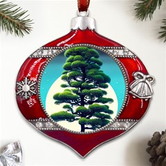 Pine Moon Tree Landscape Nature Scene Stars Setting Night Midnight Full Moon Metal Snowflake And Bell Red Ornament by Posterlux