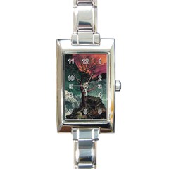 Night Sky Nature Tree Night Landscape Forest Galaxy Fantasy Dark Sky Planet Rectangle Italian Charm Watch by Posterlux