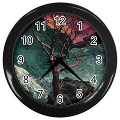 Night Sky Nature Tree Night Landscape Forest Galaxy Fantasy Dark Sky Planet Wall Clock (black) by Posterlux