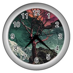 Night Sky Nature Tree Night Landscape Forest Galaxy Fantasy Dark Sky Planet Wall Clock (silver) by Posterlux