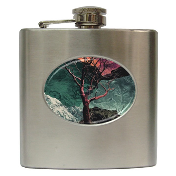 Night Sky Nature Tree Night Landscape Forest Galaxy Fantasy Dark Sky Planet Hip Flask (6 oz)