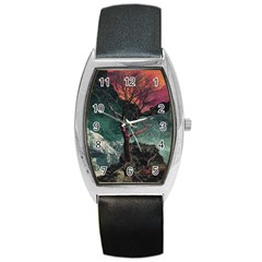 Night Sky Nature Tree Night Landscape Forest Galaxy Fantasy Dark Sky Planet Barrel Style Metal Watch by Posterlux