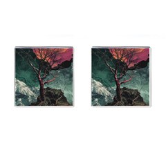 Night Sky Nature Tree Night Landscape Forest Galaxy Fantasy Dark Sky Planet Cufflinks (square) by Posterlux