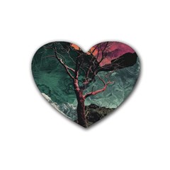 Night Sky Nature Tree Night Landscape Forest Galaxy Fantasy Dark Sky Planet Rubber Heart Coaster (4 Pack) by Posterlux