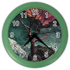 Night Sky Nature Tree Night Landscape Forest Galaxy Fantasy Dark Sky Planet Color Wall Clock by Posterlux