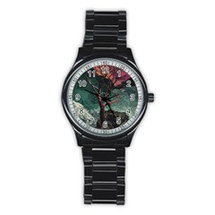 Night Sky Nature Tree Night Landscape Forest Galaxy Fantasy Dark Sky Planet Stainless Steel Round Watch