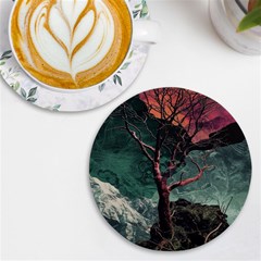 Night Sky Nature Tree Night Landscape Forest Galaxy Fantasy Dark Sky Planet Uv Print Round Tile Coaster by Posterlux