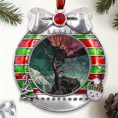 Night Sky Nature Tree Night Landscape Forest Galaxy Fantasy Dark Sky Planet Metal X mas Ribbon With Red Crystal Round Ornament by Posterlux