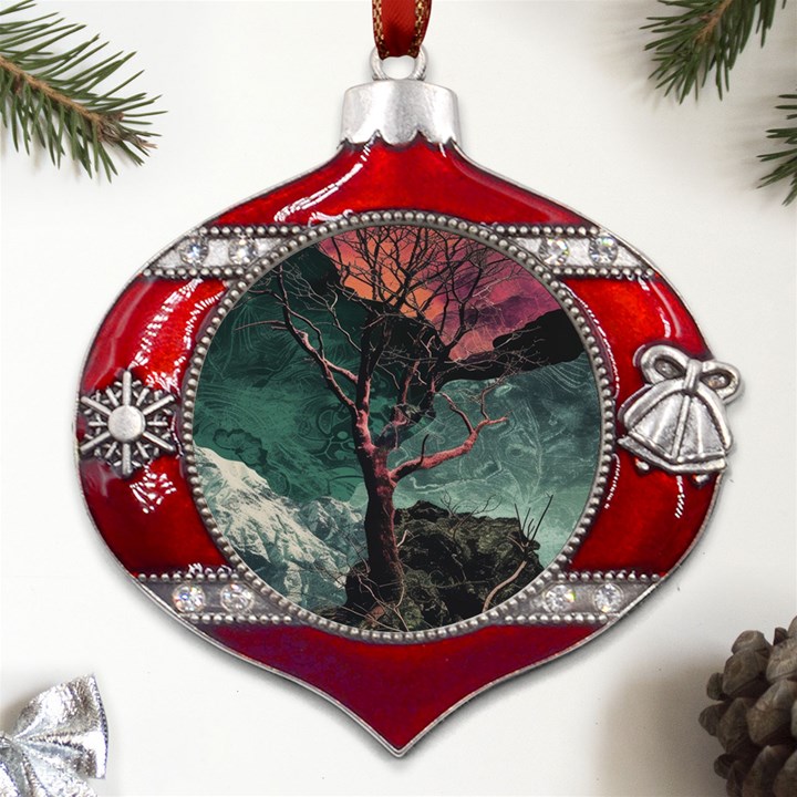 Night Sky Nature Tree Night Landscape Forest Galaxy Fantasy Dark Sky Planet Metal Snowflake And Bell Red Ornament