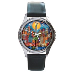 City New York Nyc Skyscraper Skyline Downtown Night Business Urban Travel Landmark Building Architec Round Metal Watch by Posterlux