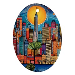 City New York Nyc Skyscraper Skyline Downtown Night Business Urban Travel Landmark Building Architec Ornament (oval) by Posterlux