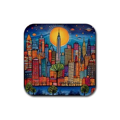 City New York Nyc Skyscraper Skyline Downtown Night Business Urban Travel Landmark Building Architec Rubber Coaster (square) by Posterlux