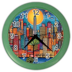 City New York Nyc Skyscraper Skyline Downtown Night Business Urban Travel Landmark Building Architec Color Wall Clock by Posterlux