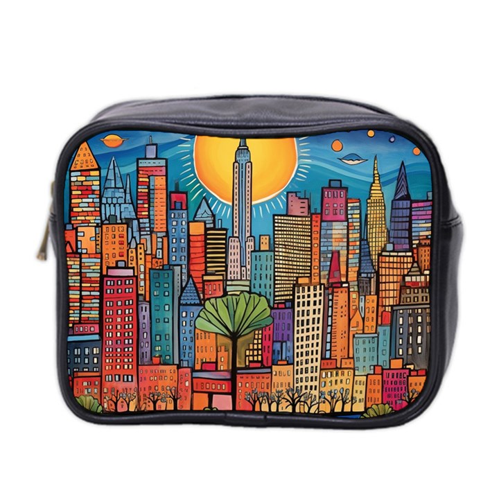 City New York Nyc Skyscraper Skyline Downtown Night Business Urban Travel Landmark Building Architec Mini Toiletries Bag (Two Sides)