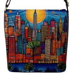 City New York Nyc Skyscraper Skyline Downtown Night Business Urban Travel Landmark Building Architec Flap Closure Messenger Bag (s) by Posterlux