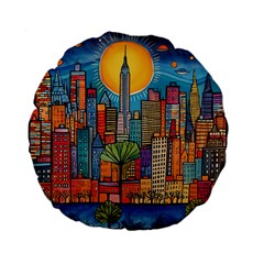 City New York Nyc Skyscraper Skyline Downtown Night Business Urban Travel Landmark Building Architec Standard 15  Premium Flano Round Cushions by Posterlux