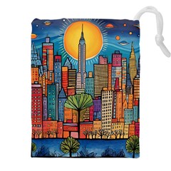 City New York Nyc Skyscraper Skyline Downtown Night Business Urban Travel Landmark Building Architec Drawstring Pouch (4xl) by Posterlux