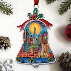 City New York Nyc Skyscraper Skyline Downtown Night Business Urban Travel Landmark Building Architec Metal Holly Leaf Bell Ornament