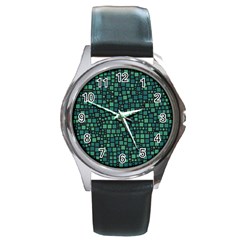 Squares Cubism Geometric Background Round Metal Watch by Maspions