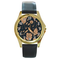 Background Pattern Leaves Texture Round Gold Metal Watch by Maspions