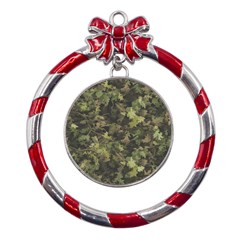 Green Camouflage Military Army Pattern Metal Red Ribbon Round Ornament by Maspions