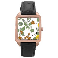 Nasturtium Flowers Plant Leaves Rose Gold Leather Watch 