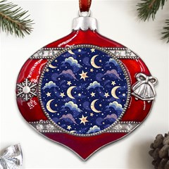 Night Moon Seamless Metal Snowflake And Bell Red Ornament by Maspions