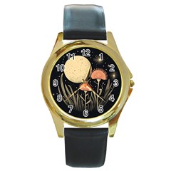 Flowers Space Round Gold Metal Watch