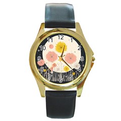 Space Flowers Universe Galaxy Round Gold Metal Watch