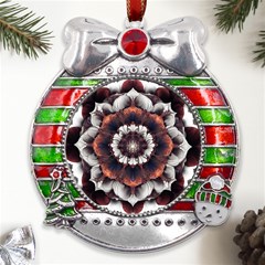 Mandala Design Pattern Metal X mas Ribbon With Red Crystal Round Ornament