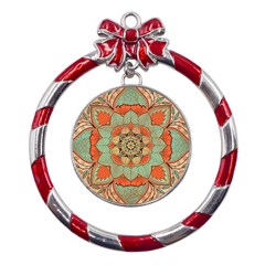 Mandala Floral Decorative Flower Metal Red Ribbon Round Ornament by Maspions