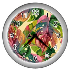 Monstera Colorful Leaves Foliage Wall Clock (silver) by Maspions