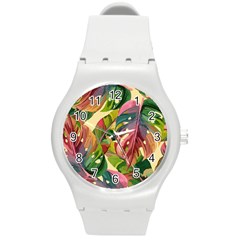 Monstera Colorful Leaves Foliage Round Plastic Sport Watch (m) by Maspions