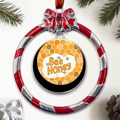 Bee Honey Honeycomb Hexagon Metal Red Ribbon Round Ornament by Maspions