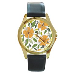 Flower Petal Plant Leaves Round Gold Metal Watch