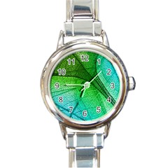 3d Leaves Texture Sheet Blue Green Round Italian Charm Watch by Cemarart