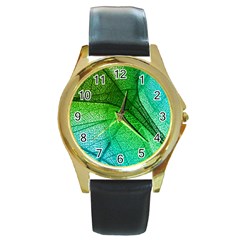 3d Leaves Texture Sheet Blue Green Round Gold Metal Watch by Cemarart