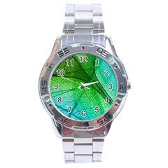 3d Leaves Texture Sheet Blue Green Stainless Steel Analogue Watch by Cemarart