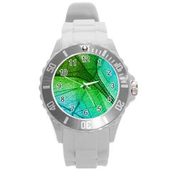 3d Leaves Texture Sheet Blue Green Round Plastic Sport Watch (l) by Cemarart