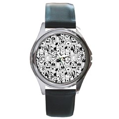 Seamless Pattern With Black White Doodle Dogs Round Metal Watch by Grandong