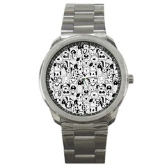 Seamless Pattern With Black White Doodle Dogs Sport Metal Watch by Grandong