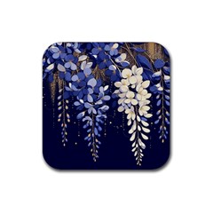 Solid Color Background With Royal Blue, Gold Flecked , And White Wisteria Hanging From The Top Rubber Coaster (square)